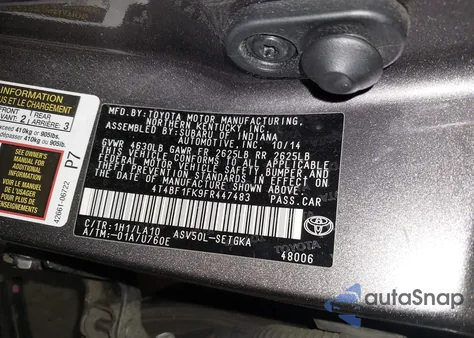 2015 Toyota Camry Xle из США, поврежденный, VIN 4T4BF1FK9FR447483